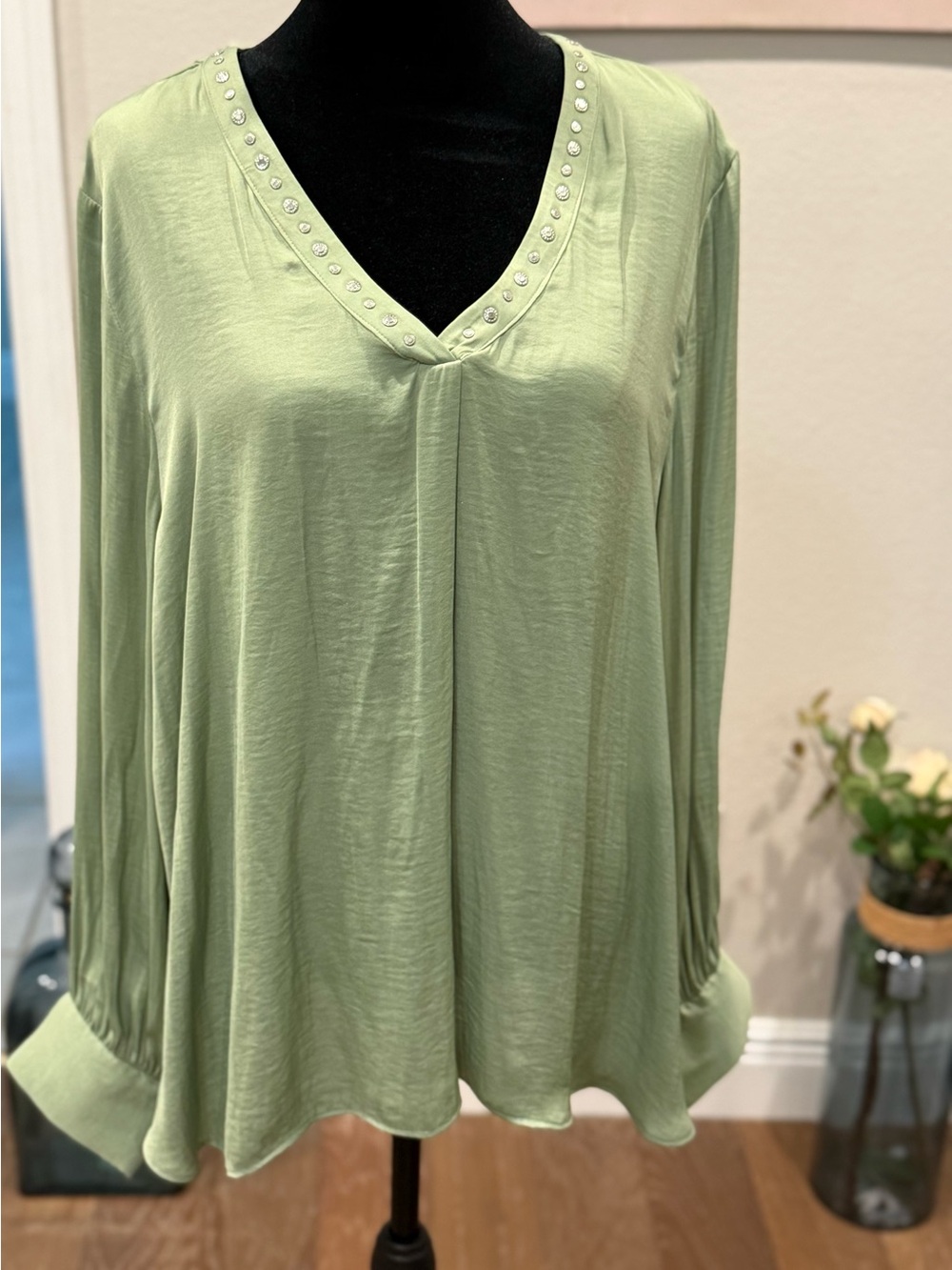 Catherine Malandrino Light Sage V-Neck Studded Blouse